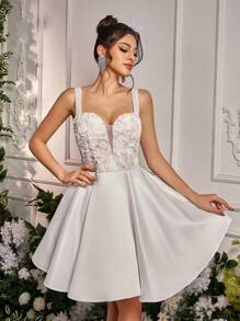 Lovelzi Elegant, Luxurious And Elegant White Lace Satin Straps Dress, Suitable For Festivals, Bachelorette Parties, Weddings, Graduations, Vacations, Bridal Shower Dresses, Little White Dress,Bride, For Valentine's Day - White - View 4