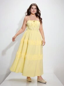 SHEIN MOD 大码黄色露背荷叶边连衣裙，适合约会、度假、野餐