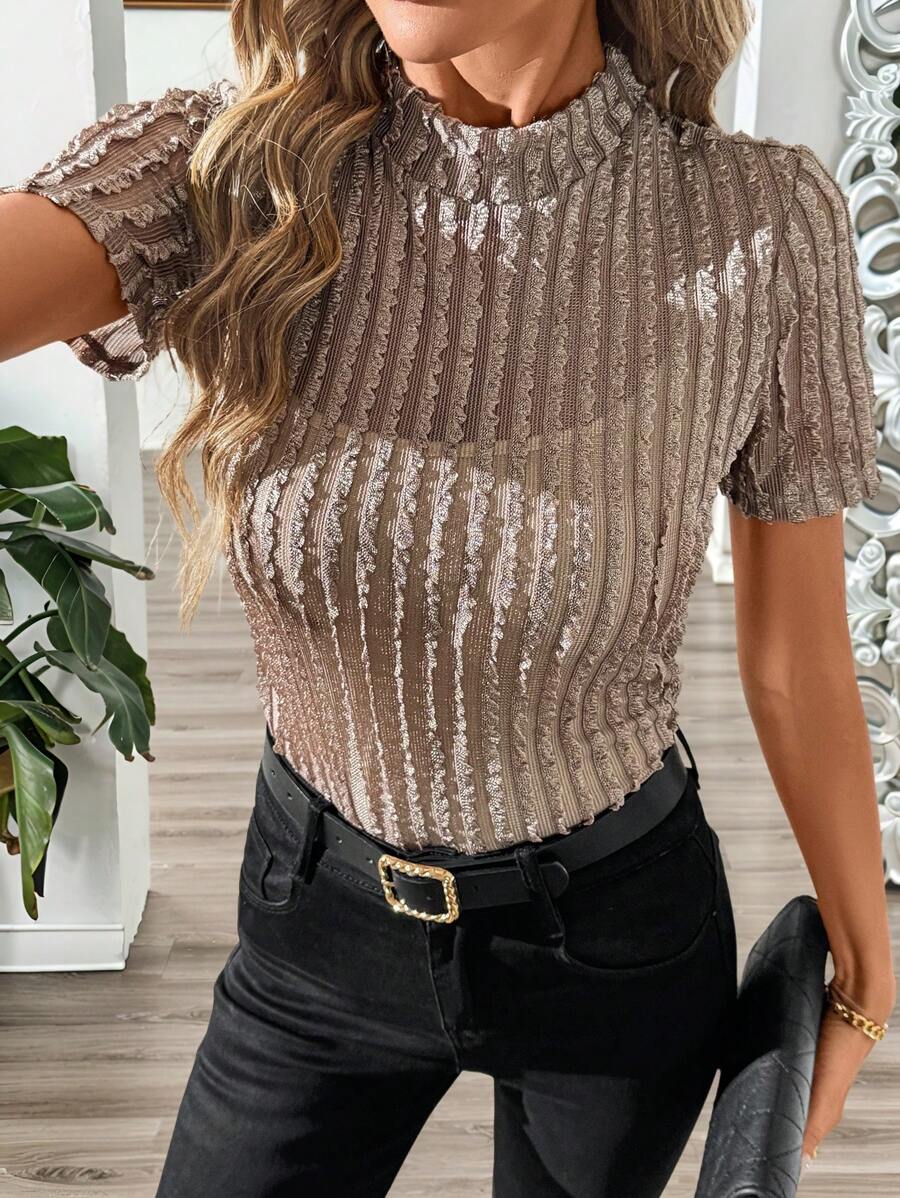 SHEIN Clasi Elegant Women's Khaki Short Sleeved Texture Perspective Mock Neck Slim Knit Tee