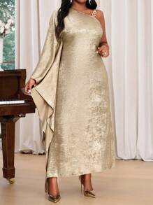 SHEIN Lady 春夏休闲优雅波西米亚风编织露肩编织飘逸斗篷袖蝙蝠袖露背不对称长款束腰连衣裙金属面料烫金面料大码连衣裙度假装女士海滩装女士度假装女士海滩度假装海滩婚礼宾客连衣裙女士春季装