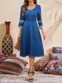 EMERY ROSE Women's V-Neck Printed Casual Dress, Simplistic For Everyday Wear