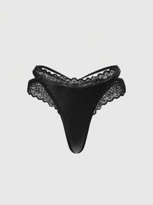 ROMWE Grunge Punk 1pc Goth Punk Style PU Leather Lace Triangle Brief Panty - Black - View 1