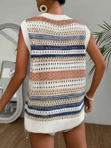 Breezaya Women Striped Hollow-Out Colorful Sweater Vest - Multicolor - View 2