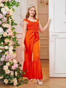 Comfortable Sleeveless Elastic Waist Pleated Wide Leg Jumpsuit For Teenage Girls - Orange - View 4