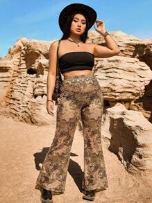SHEIN EZwear Plus Size Retro Bohemian Music Festival Netted Flared Pants - Khaki - View 4