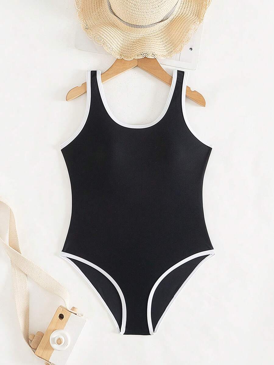 Traje de baño de una pieza con contraste de color negro y blanco, minimalista y lindo para vacaciones en la playa para niñas preadolescentes