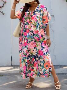 Breezaya Vestido de manga murciélago con estampado aleatorio de flores y plantas talla grande - Multicolor - Ver 3