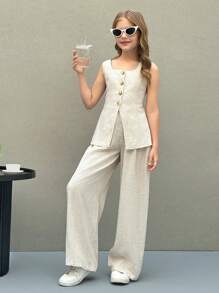 SHEIN Nova Glow 少女休闲街头风纯色V领无袖上衣和直筒裤套装毕业装 - 杏色 - 查看 4