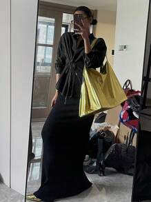 DAZY Áo cánh denim buộc dây bên hông cho nữ, phong cách tối giản và thời trang để mặc hàng ngày, áo khoác jeans, quần áo nữ mùa thu dài tay cho nữ - màu đen - Xem 2