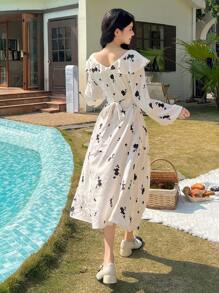 DAZY 女式 V 领荷叶边全印花长袖花卉连衣裙，秋季连衣裙 - 白色 - 查看 5