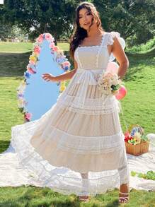 SHEIN Clasi Đầm dài thanh lịch lãng mạn, rộng rãi, dây ren phong cách mới mùa xuân/hè, dài vừa phải - trắng - Xem 6