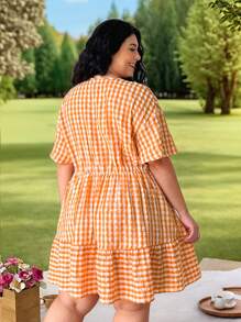 SHEIN EZwear Orange Plaid Short Sleeve V-Neck Plus Size Dress, Casual Vacation Summer /Spring,Elegant Vacation Outfits Woman Casual Wedding Guest Dress, Sun Dress