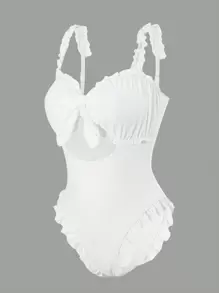 SHEIN Swim Women Textured Fabric Twist Knot Butterfly Shoulder Strap Hollow Ruffle Hem Cute One-Piece Swimsuit, For Summer Beach Vacation - Pink - View 7