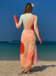 Swim Shayni 女士 3 件套泳衣套装，夏季度假扎染渐变印花长袖短款上衣、长袖短裤和花卉网布沙滩裙，保守的海滩度假装