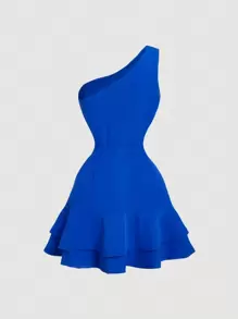 MOD Vestido romántico y soñador en azul, con dobladillo asimétrico y ribete de volantes, apropiado para citas, fiestas, vacaciones, meriendas y ocasiones de cumpleaños - Azul - Ver 2