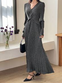 DAZY Deep V-Neck Metallic Long Bodycon Dress,Fall Clothes Long Sleeve Dress Luxury Prom Dress