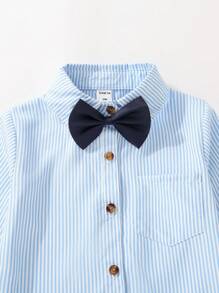 SHEIN 2pcs Young Boy Striped Long Sleeve Shirt With Suspender Pants Gentleman Outfit Set Chic Outfits For Autumn/Winter - Baby Blue - View 4