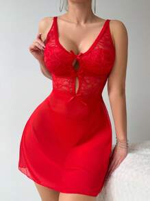 2 Stück/Set Damen einfarbige Spitze mit Schleife sexy Nachthemd Nachtwäsche rotes Kleid - Rot - Übersicht 4
