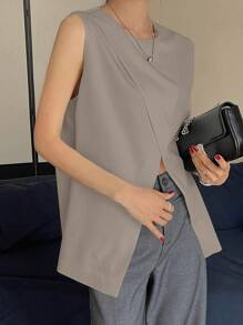 DAZY Women's Business Casual Solid Color Split Back Camisole Tank Tops - Grey - View 5