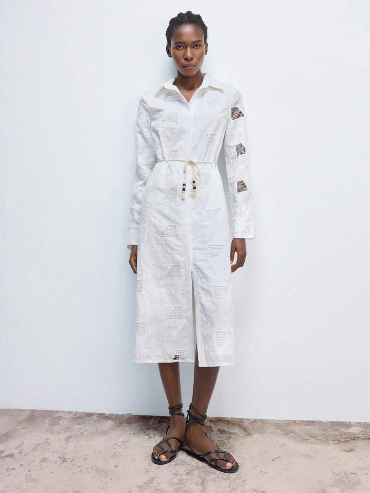 SHEIN Maija Elegant Sexy Floral Embroidery Belted Midi Dress For Women, Spring Summer, Modern Urban Casual Daily, Suitable For Vacation, Occasions, Dating, Party, Wedding, Music Festival