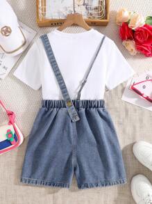 SHEIN Conjunto de blusa de manga corta con estampado y pantalones cortos asimétricos de mezclilla para niña preadolescente - Blanco - Ver 2