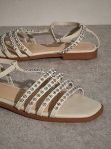 SHUZIA Sandali espadrillas da donna con cinturino, punta aperta e dettagli in finta perla, colore avorio