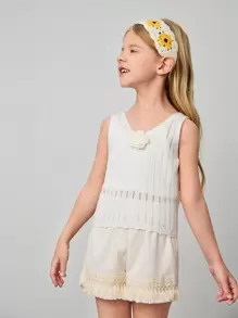 Maija Kids Maija Kids Áo ba lỗ dệt kim họa tiết hoa màu trơn bó sát cho bé gái - trắng - Xem 3