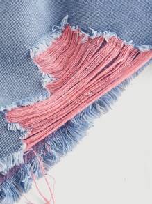 SHEIN MOD Plus Size Blue Denim Shorts Pink Ripped Denim Shorts Sweet Summer Shorts Elastic Waistband - Light Wash - View 3