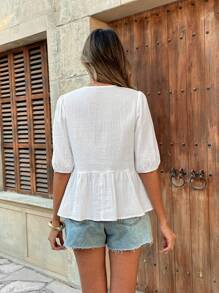 SHEIN Unity French Elegant Solid Color Woven V-Neck Puff Sleeve Embroidery Splice Design Ladies Shirt, New Summer Collection - White - View 2