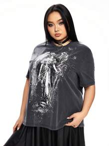 ROMWE Goth Vintage Distressed Angel Skull Print Loose T-Shirt For Women - Grey - View 8