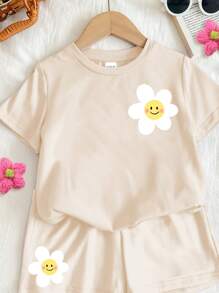 SHEIN Leap Crew 2 件套年轻女孩休闲简约短袖 T 恤和短裤，适合夏季 - 卡其色 - 查看 3