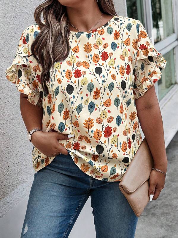 Calvaya Plus Size Women Floral Print Flounce Sleeve Casual Shirt