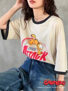 Garfield | FRIFUL 女士圆领撞色拼接宽松T恤，适合夏季户外穿着 - 杏色 - 查看 7