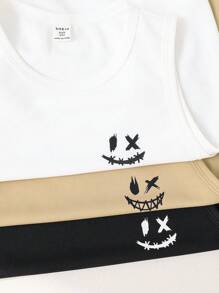 6pcs Tween Boys Casual Cute Expression Print Round Neck Knit Top And Shorts Set, Suitable For Commuting, School, Everyday Casual, Sports, Spring/Summer