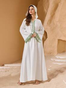 Al Najma Spring/Summer Elegant Flare Sleeve Lace Trim Flared Hem Hooded Arabic Style Dress, Arabian Dresses,Modest
