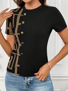 SHEIN Clasi Áo thun cổ tròn trang trí nút màu tương phản, tối giản và thời trang cho trang phục thường ngày - Cà phê nâu - Xem 3