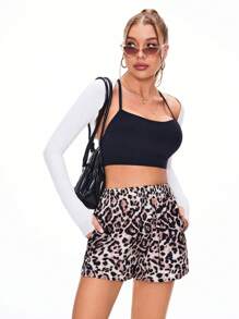 Slayoga Leopard Print Loose Casual Elastic Waist Sports Shorts With Front Decor Button Comfy Short