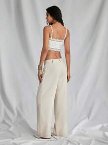 SHEIN Unity 1 quần dài vải lanh ống rộng cạp trễ màu mơ có túi phong cách Bohemian cho nữ, lễ hội âm nhạc - Màu be - Xem 2