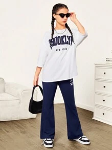 SHEIN Teen Girl Loose White Knitted Mid-Sleeve T-Shirt With Letter Print And Blue  Flared Pants Sports Casual 2pcs Set