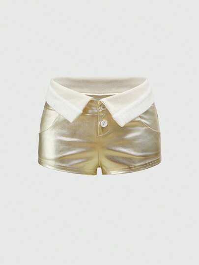 Grunge Punk Women's Super Low-Rise 2 In 1 Ultrashort Shorts, Light Gold