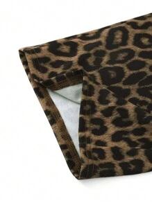 SHEIN Girlism Pantaloni comodi e casual da ragazza in maglia con stampa leopardata, grafiche e dettaglio logo in vita - nero - Visualizzare 4