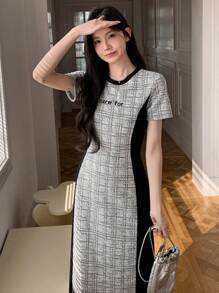 DAZY Women's Colorblock Plaid Round Neck Short Sleeve Dress - Black - View 3