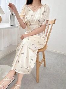 FRIFUL Women's Long Ditsy Floral Ruched Waist Puff Sleeve Dress, Summer,Casual Women Dresses