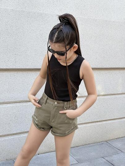 DENIMLY Tween Girl Boho 复古军绿色迷你牛仔短裤，全松紧腰带和经典五个口袋，破洞细节和卷起下摆牛仔短裤。西式风格，柔软。