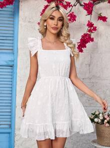 SHEIN Clasi 女式盖袖领口纹理腰部修身连衣裙 - 白色 - 查看 3
