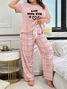 大码 2 件心形和字母印花短袖上衣和格子睡裤套装 - 粉色 - 查看 3