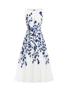 Ellevyn Elegante ronde hals, geplooide voorkant, bloemenprint, blauwe, middellange bodyconjurk voor dames, vakantie- en Valentijnsdagjurk
