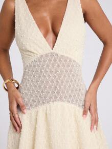 SHEIN BAE 女士春夏杏色优雅海滩度假旅行日常派对 V 领无袖荷叶边分层不对称下摆钩针迷你连衣裙、音乐会服装女士、春假连衣裙 - 白色 - 查看 3