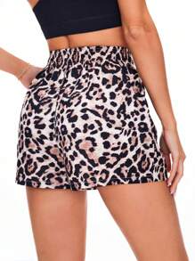 Slayoga Leopard Print Loose Casual Elastic Waist Sports Shorts With Front Decor Button Comfy Short