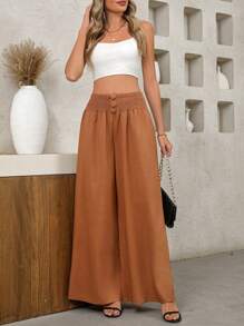 SHEIN LUNE Quần ống rộng họa tiết màu trơn thanh lịch, đa năng, đi làm và giải trí, có dây rút ở eo dành cho nữ - màu nâu - Xem 5